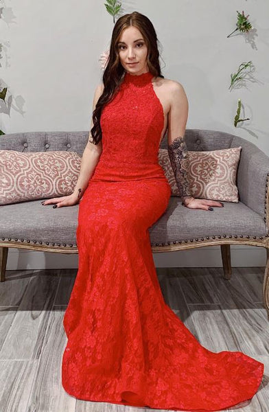Mermaid High Neck Lace Red Long Prom Dress, BW97653