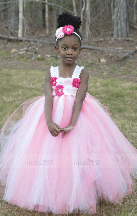 Flower Girl Dress, White and Pink Tutu Dress