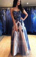 Strapless Sweetheart Long Prom Dresses Lace Appliques Evening Dresses