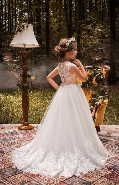 Chic Tulle Jewel Neckline Cap Sleeves A-line Flower Girl Dresses With Beaded Lace Appliques & Belt, BW97700