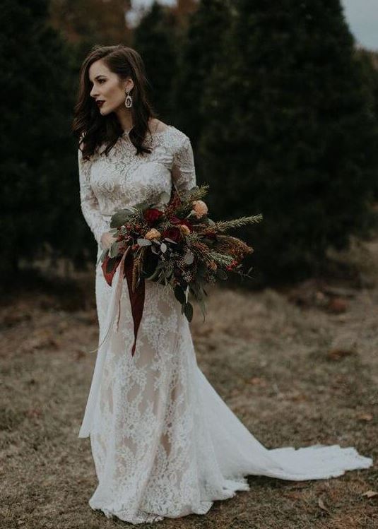 Lace Wedding Dress, Backless with Sleeves