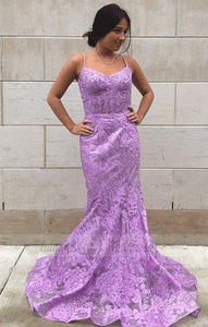 Spaghetti Straps Applique Long Mermaid Prom Dress,BW97545