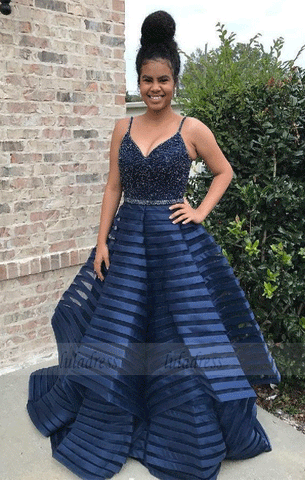 Sexy V Neck Spaghetti Straps Navy Blue Prom Dress,BW97498
