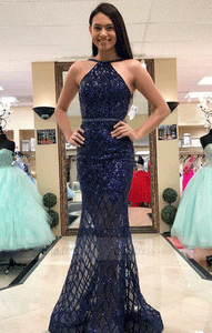 Beautiful Navy Blue Lace Prom Dress with Sequins,BW97500