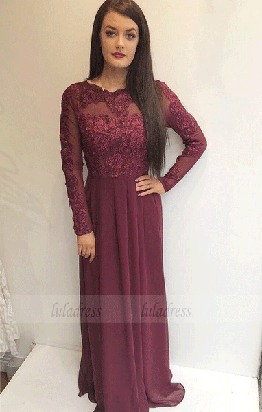 Modest A Line Chiffon Burgundy Long Prom Dresses with Sleeves,BW97501