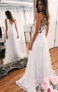 V-Neck White Tulle Long Prom/Wedding Dress with Lace Applique,BD99282