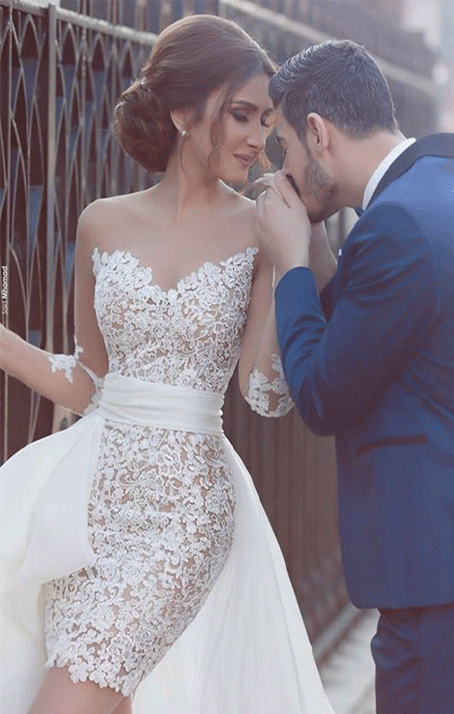 Mermaid White Lace Sweep Train Long Wedding Dress