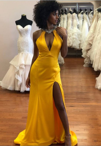 Sexy Backless Yellow Mermaid Prom Dresses, BW97623