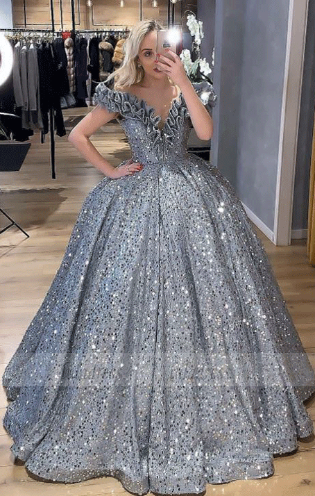 Ball Gown Off the Shoulder Sweep Train Silver Sequin Prom Dress, BW97678