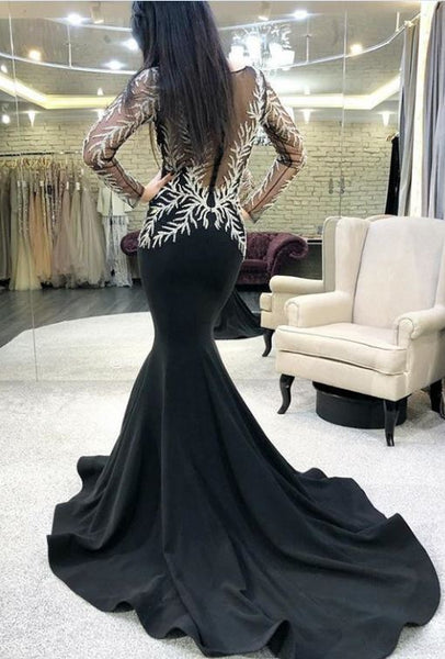 Jewel Black Prom Dresses Long Sleeves Appliques Mermaid Evening Gowns, BW97617