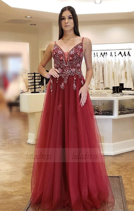Spaghetti Straps Prom Dresses, Sexy V-Neck Prom Gown with Beading, BW97720