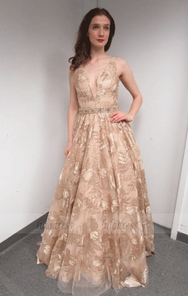 A-Line V-Neck Backless Floor-Length Lace Prom Dress,BW97491