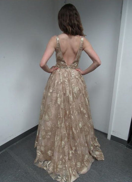 A-Line V-Neck Backless Floor-Length Lace Prom Dress,BW97491