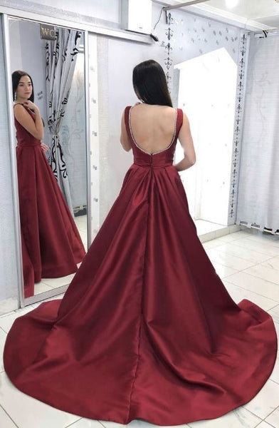 Burgundy V Neck Satin Long Prom Dress,Burgundy Satin Evening Dress,BW97518