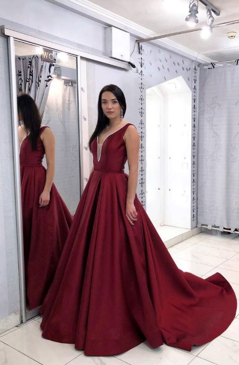 Burgundy V Neck Satin Long Prom Dress,Burgundy Satin Evening Dress   luladress
