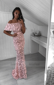 Mermaid Off-the-Shoulder Sweep Train Pink Lace Prom Dress with Ruffles,BW97049