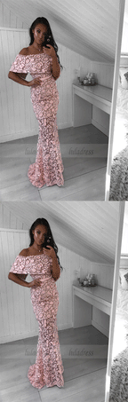 Mermaid Off-the-Shoulder Sweep Train Pink Lace Prom Dress with Ruffles
