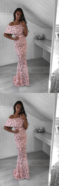 Mermaid Off-the-Shoulder Sweep Train Pink Lace Prom Dress with Ruffles,BW97049