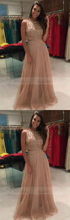 A-Line Jewel Sweep Train Beading Prom Dress with Illusion Back