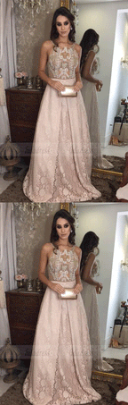 A-Line Round Neck Backless Sweep Train Prom Dress with Beading Sequins