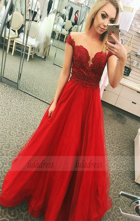 A-Line Off-the-Shoulder Floor-Length Red Prom Dress with Appliques Beading,BW97055