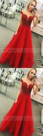 A-Line Off-the-Shoulder Floor-Length Red Prom Dress with Appliques Beading