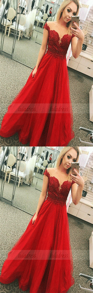 A-Line Off-the-Shoulder Floor-Length Red Prom Dress with Appliques Beading,BW97055