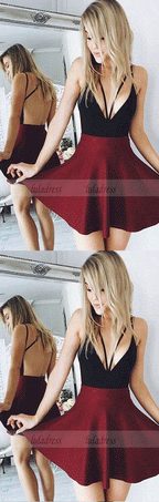 v neck short prom dress, burgundy homecoming dress
