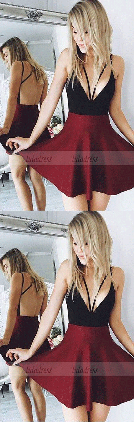 v neck short prom dress, burgundy homecoming dress