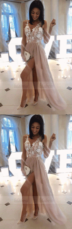 V Neck Tulle Lace Applique Long Prom Dress