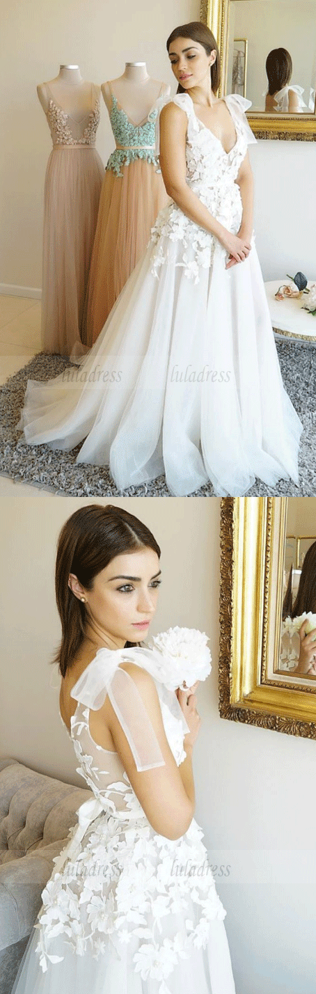 White V Neck Tulle Lace Applique Long Prom Dress