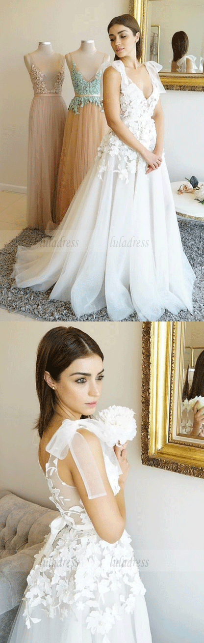 White V Neck Tulle Lace Applique Long Prom Dress
