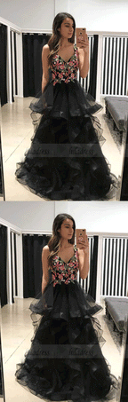 Black Tulle Lace Applique Long Prom Dresses