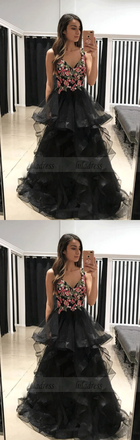 Black Tulle Lace Applique Long Prom Dresses