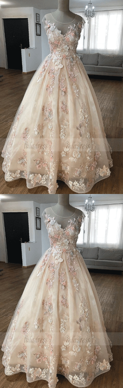 Lace Applique Tulle Long Prom Dress