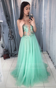 Round Neck Tulle Lace Applique Long Prom Dress,Tulle Evening Dress,BW97252