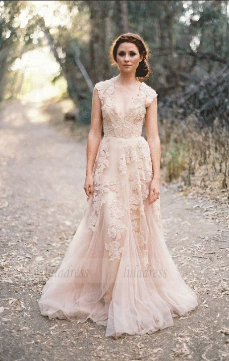 V Neck Lace Appliques Wedding Dresses