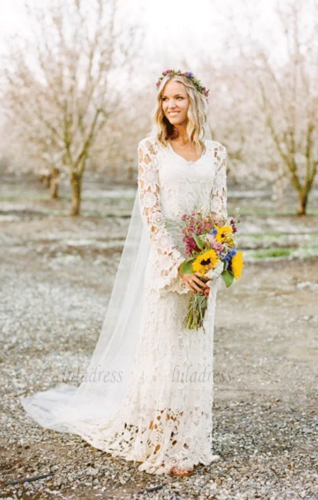Long Sleeves A Line Lace Wedding Dresses