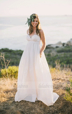 White Spaghetti Strap V Neck Wedding Dresses