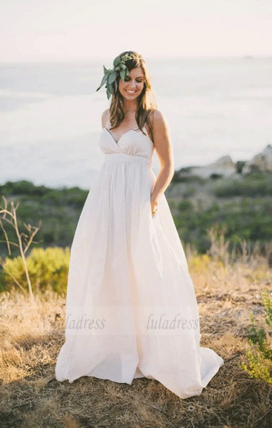 White Spaghetti Strap V Neck Wedding Dresses,BW97322