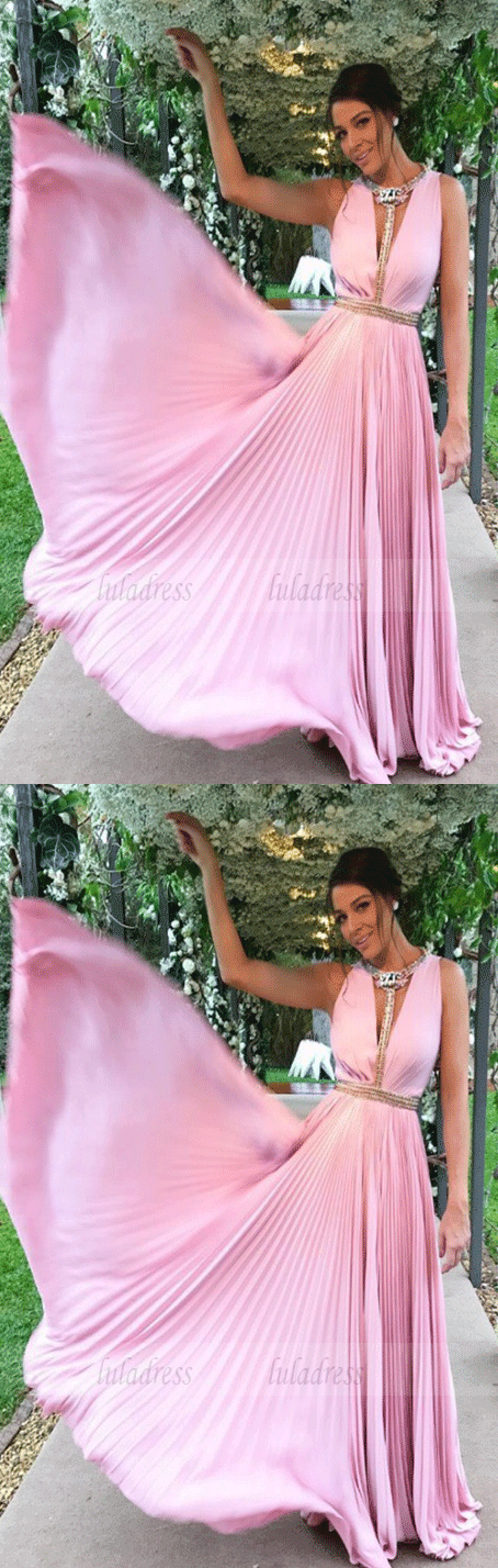 A Line Soft Satin V Neck Long Prom Dresses