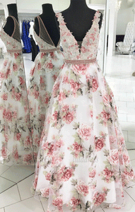 Floral Print Prom Dresses V-neck A Line Floor-length Long Prom Dress,BW97260