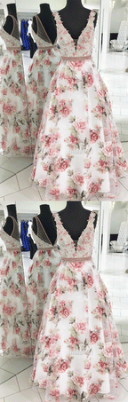 Floral Print Prom Dresses V-neck A Line Floor-length Long Prom Dress