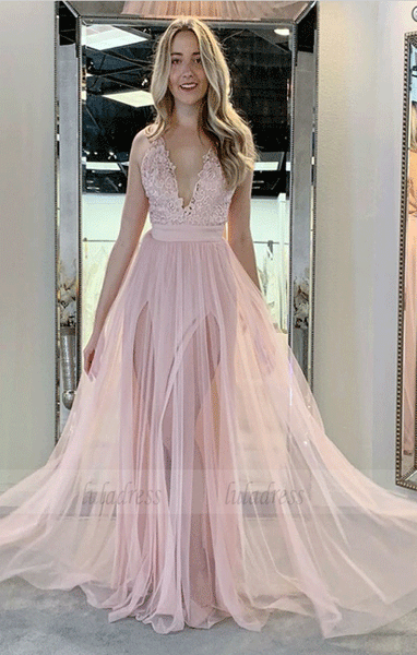A-Line V-Neck Sweep Train Pink Tulle Prom Dresses with Applique,BW97234