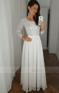 Round Neck White Chiffon Prom Party Dress with Lace Sleeves,BW97236