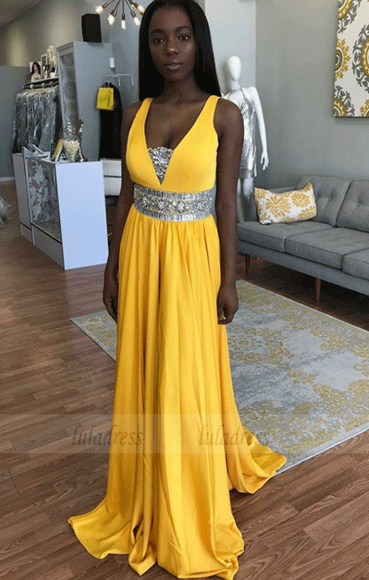 A Line Scoop Sweep Train Yellow Satin Prom Dress with Beading luladress