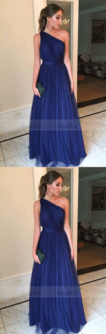 A-Line One-Shoulder Floor Length Blue Tulle Evening Prom Dresses