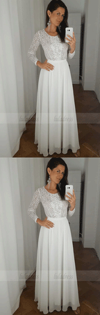 Round Neck White Chiffon Prom Party Dress with Lace Sleeves