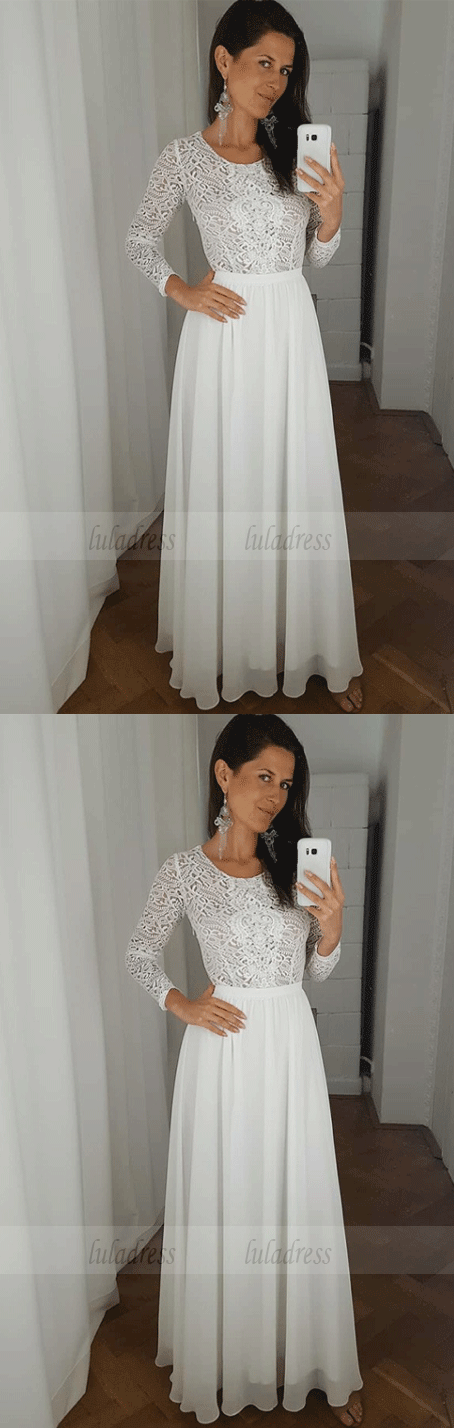 Round Neck White Chiffon Prom Party Dress with Lace Sleeves