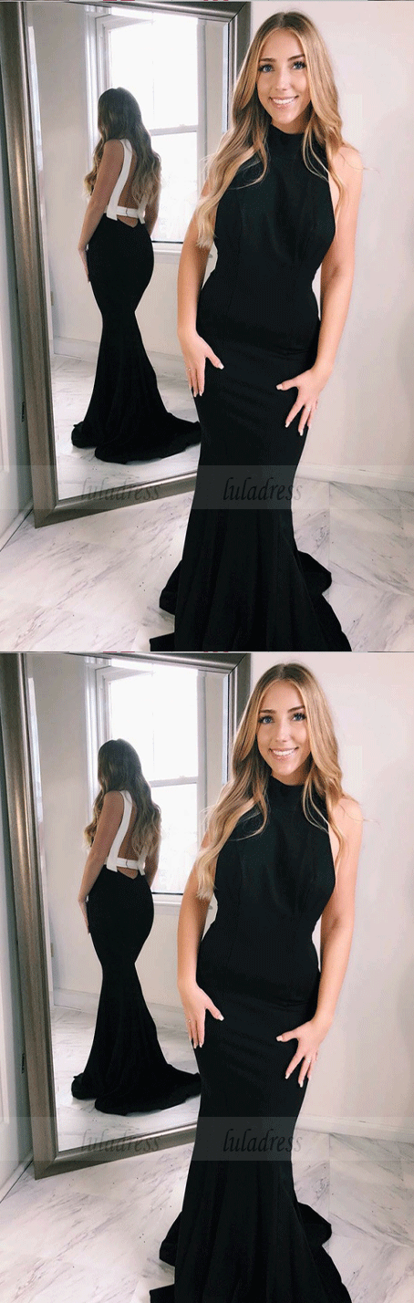 Mermaid Jewel Open Back Sweep Train Black Satin Prom Dress